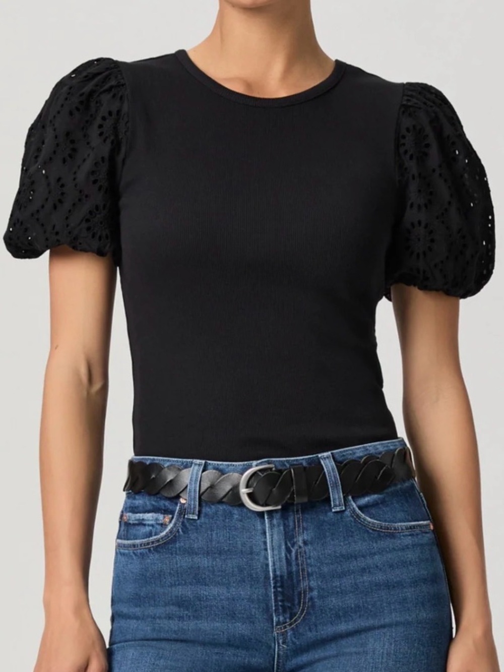 Paige Marina Black Scoop Neck Tee with Eyelet Puff Short Sleeves LIKE NEW Sz M